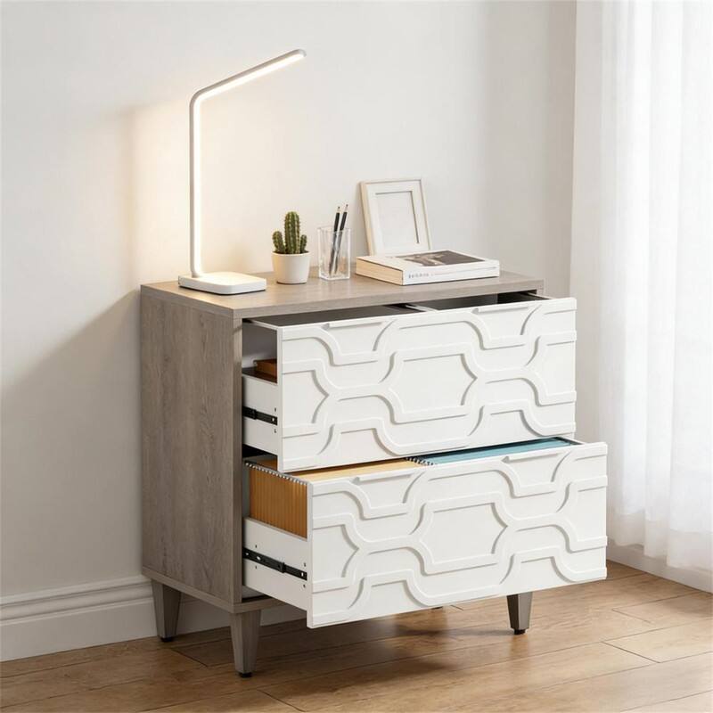 Alt View 2. HTUTWOO - Wood Storage Cabinet - File Cabinet with Drawer, Adjustable Stainless Steel Rods for Legal, Particle Board & Steel - Gray+White.