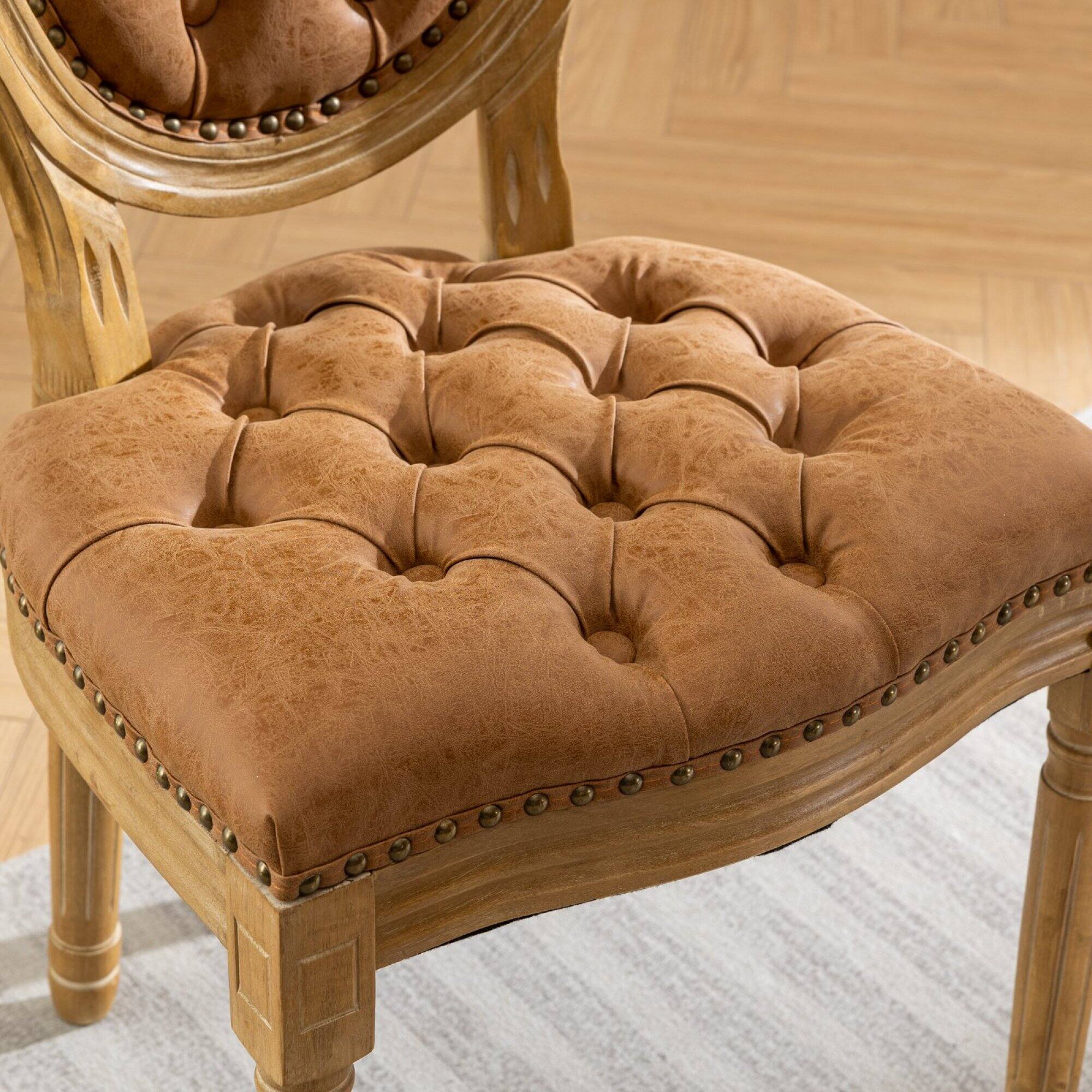 Alt View 7. GOODSILO - French Style Solid Wood Frame Antique Dining Chairs with Hand-Pulled Buckle Decoration and Nailhead Trim, Set of 2 - Orange.