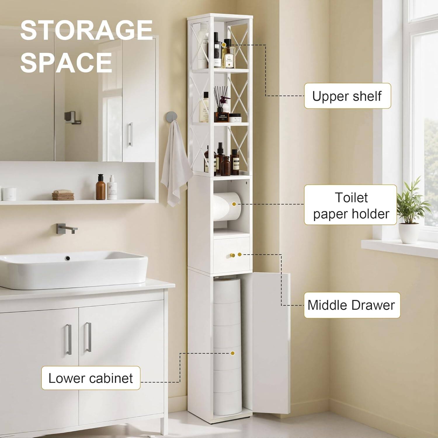 STORAGE SPACE

- Upper shelf
- Toilet paper holder
- Middle Drawer
- Lower cabinet