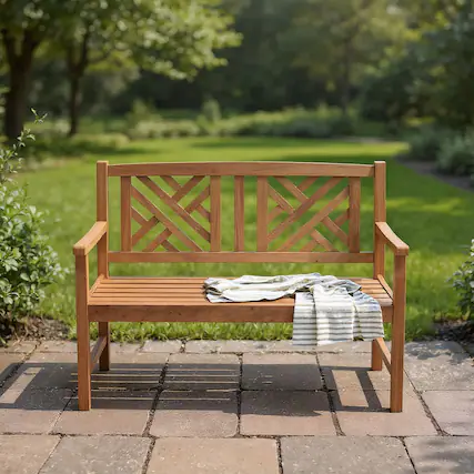 Front. Kadyn - 2-Person Wood Outdoor Bench with Cozy Armrest and Backrest, Wooden Garden Furniture, Easy Assembly, Suitable for Patio - Brown.