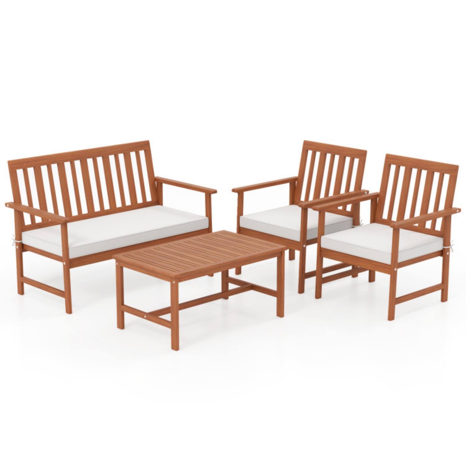 Alt View 3. Mondawe - 44 x 23 x 30 IN Freestanding Acacia Wood Patio Set with Loveseat, 2 Chairs & Table 4-Piece - Off White+Natural.