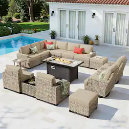 Ovios - 15 PCS Patio Furniture Sofa Set Sectional Couch with Swivel Chair, 54" Fire Pit Table & Ottoman - Beige