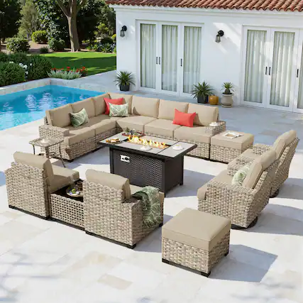 Front. Ovios - 15 PCS Patio Furniture Sofa Set Sectional Couch with Swivel Chair, 54" Fire Pit Table & Ottoman - Beige.