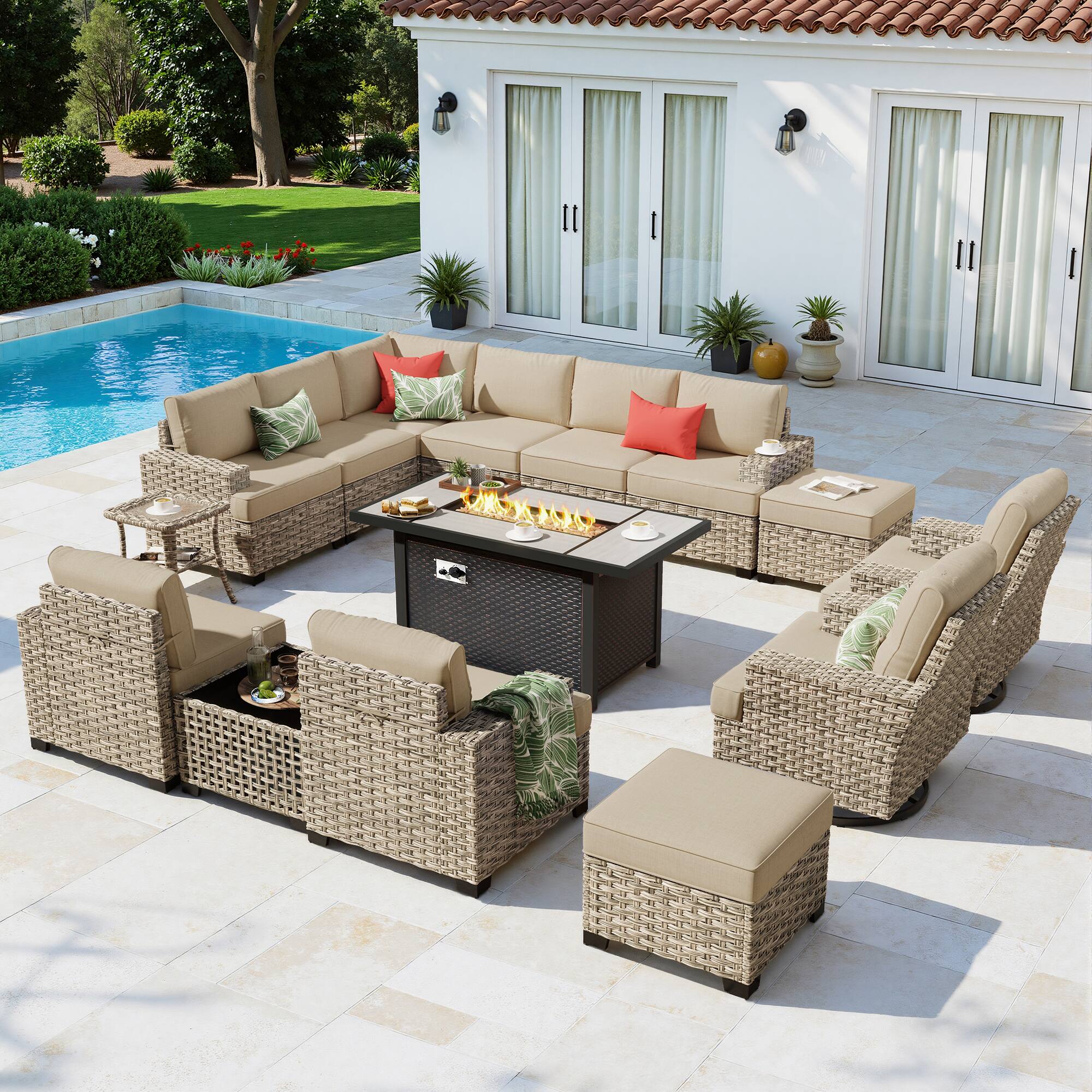 Front. Ovios - 15 PCS Patio Furniture Sofa Set Sectional Couch with Swivel Chair, 54" Fire Pit Table & Ottoman - Beige.