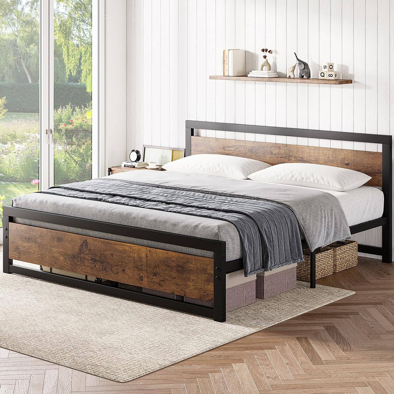 Alt View 4. Jojoka - King Size Platform Bed Frame with Headboard, Steel Slats, No Box Spring, 14 Inch Storage - Brown.