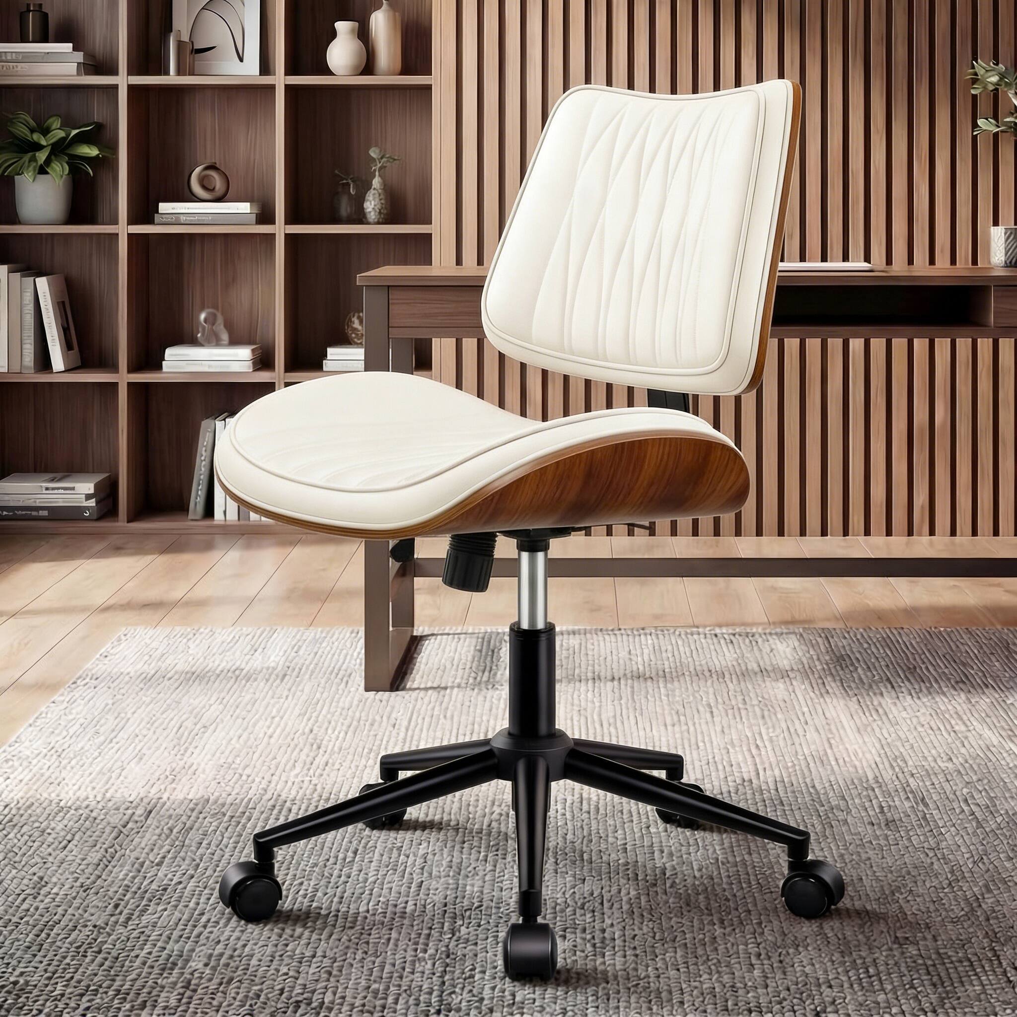 Alt View 4. KERDOM - Mid-century Walnut Home Office Chair, PU Leather Swivel Tilt Armless Mid Back Computer Chair for Reading Meeting Room - White.