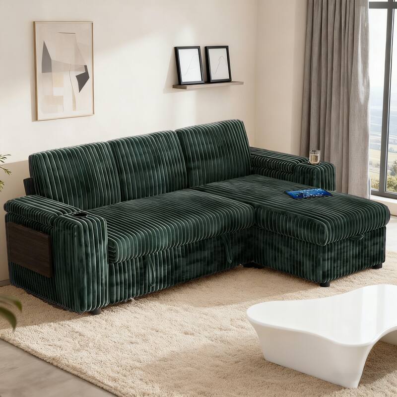 Angle. Dyonery - 85" Modular Sectional Sofa with Pull Out Bed,Corduroy Fabric 3 Seat Sectional Sofa with Storage,for Living Room - Green.