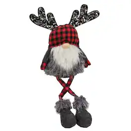 BreeBe - * Buffalo Check Sequin Reindeer Dangle Leg Gnome - Red & Black