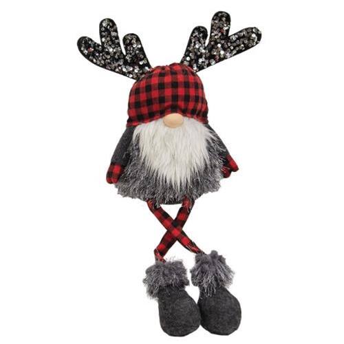 Front. BreeBe - *Red & Black Buffalo Check Sequin Reindeer Dangle Leg Gnome - Red & Black.