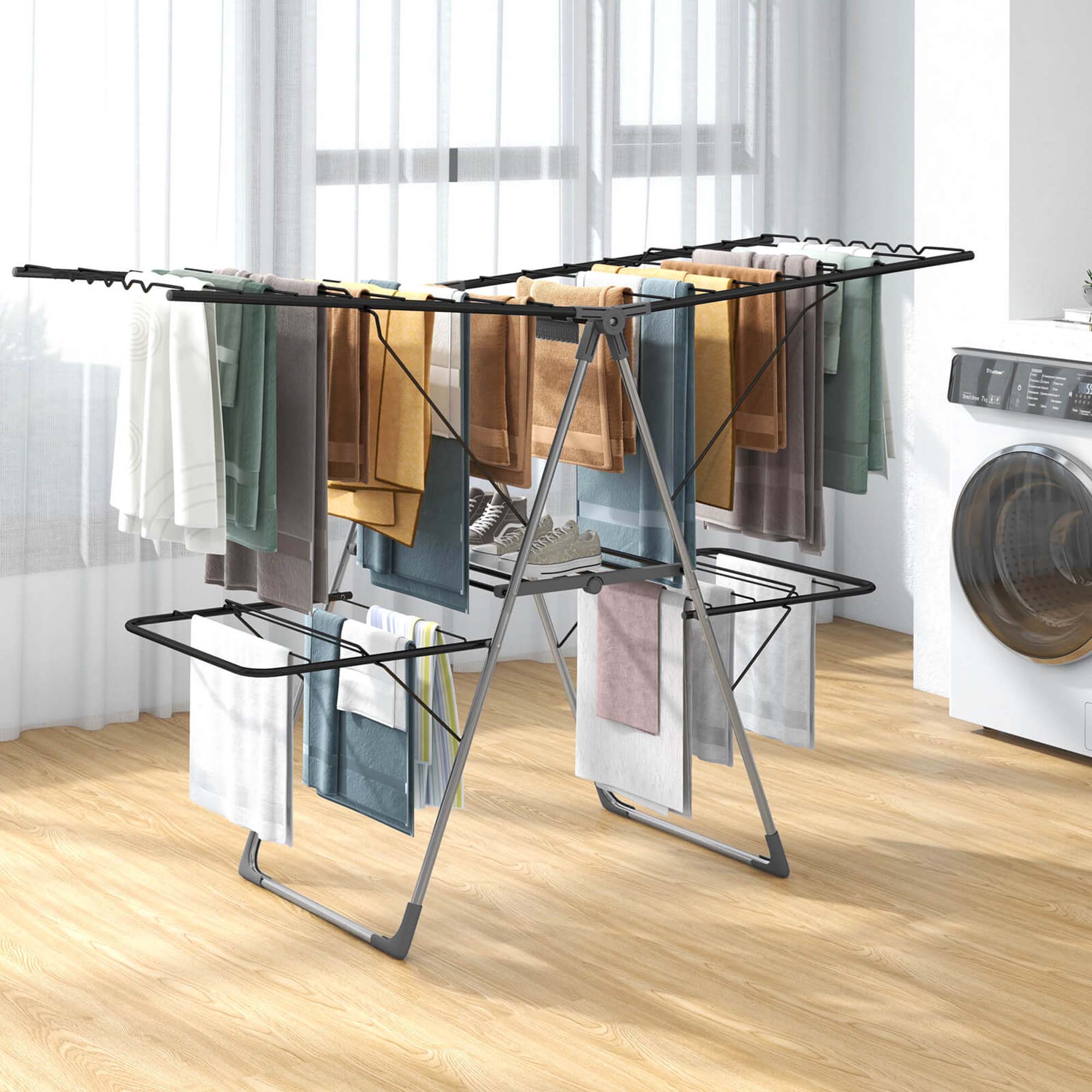 Alt View 1. Costway - Costway 2-Tier Clothes Drying Rack with 33 Drying Rails Height Adjustable Gullwings - Silver,Grey.