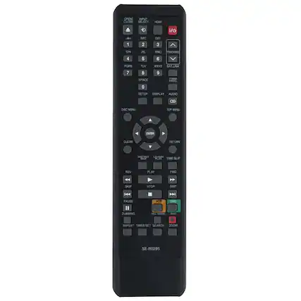 OPEN CLOSE
INPUT SELECT
1 ABC
2 DEF
3 GHI
4 JKL
5 MNO
6 PORS
7 TUV
8 WXYZ
9 SAT.LINK
0 SPACE
SETUP
DISPLAY
AUDIO
C DISC MENU
TOP MENU
A ENTER
CLEAR
RETURN
INSTANT iSE
SAUD
PLAY
TIME
REV
PLAY
FWD
SKIP
STOP
SKIP
PAUSE
DUBBING
VCR AFC MODE
DVD
REPEAT
TIMER SET
SEARCH
ZOOM
SE-R0295