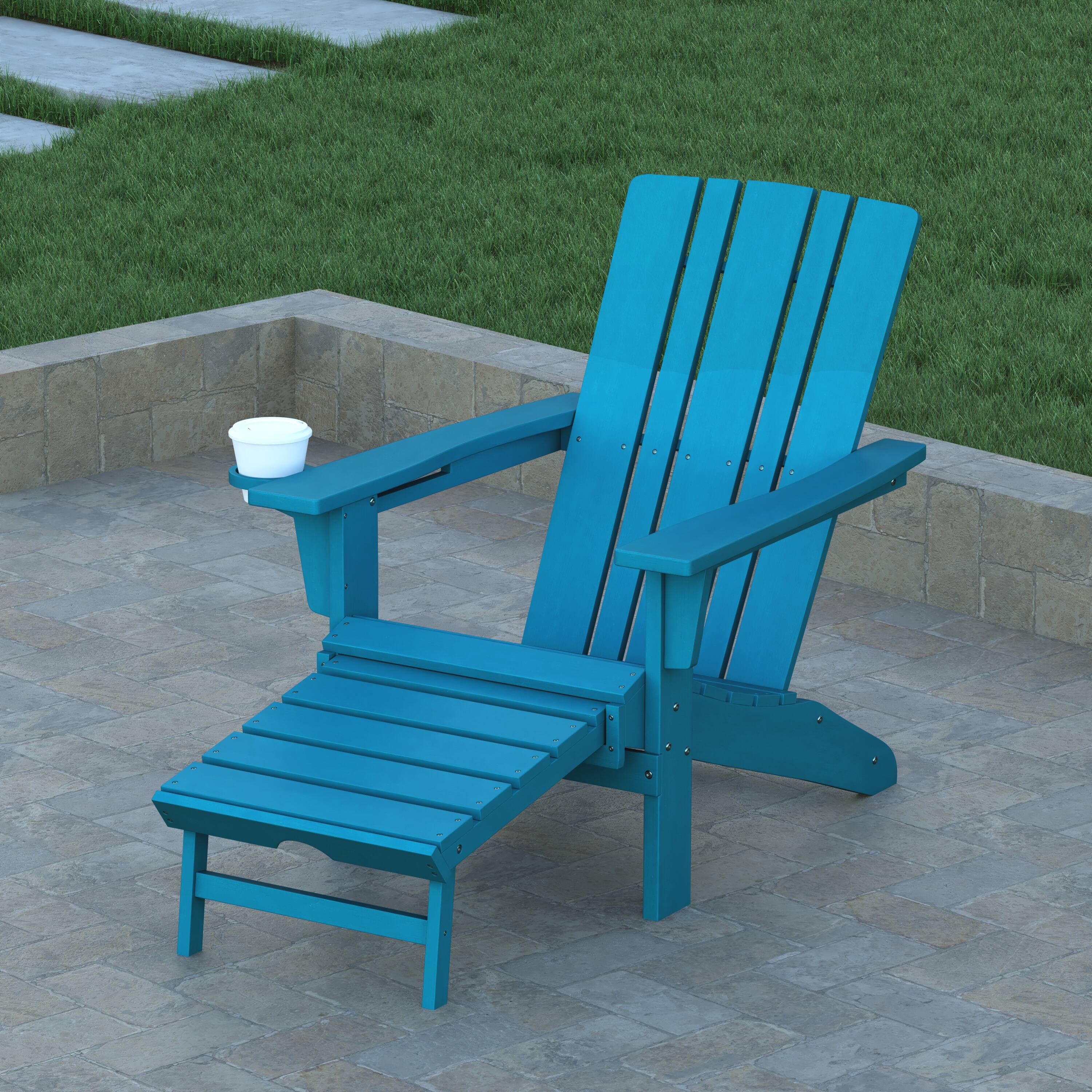 Alt View 3. Emma + Oliver - Haley Adirondack Chair with Cup Holder and Pull Out Ottoman, All-Weather HDPE Indoor/Outdoor Lounge Chair - Blue.