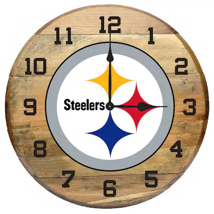 Front. Imperial - Pittsburgh Steelers Oak Barrel Clock - Multicolor.