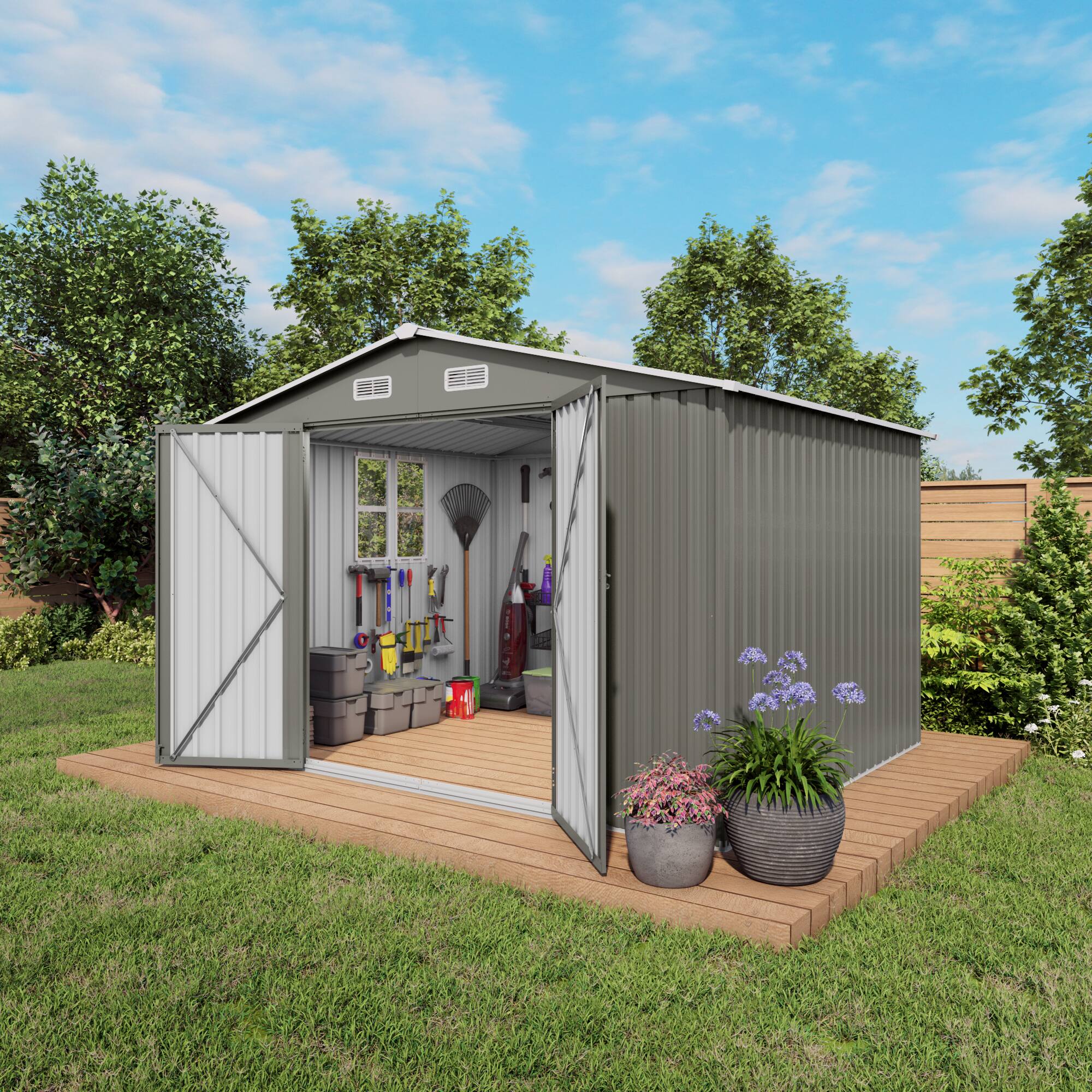 Back. Mondawe - 10x8 FT Outdoor Storage Shed with Lockable Door,Air Vent and Clear Window - Gray.