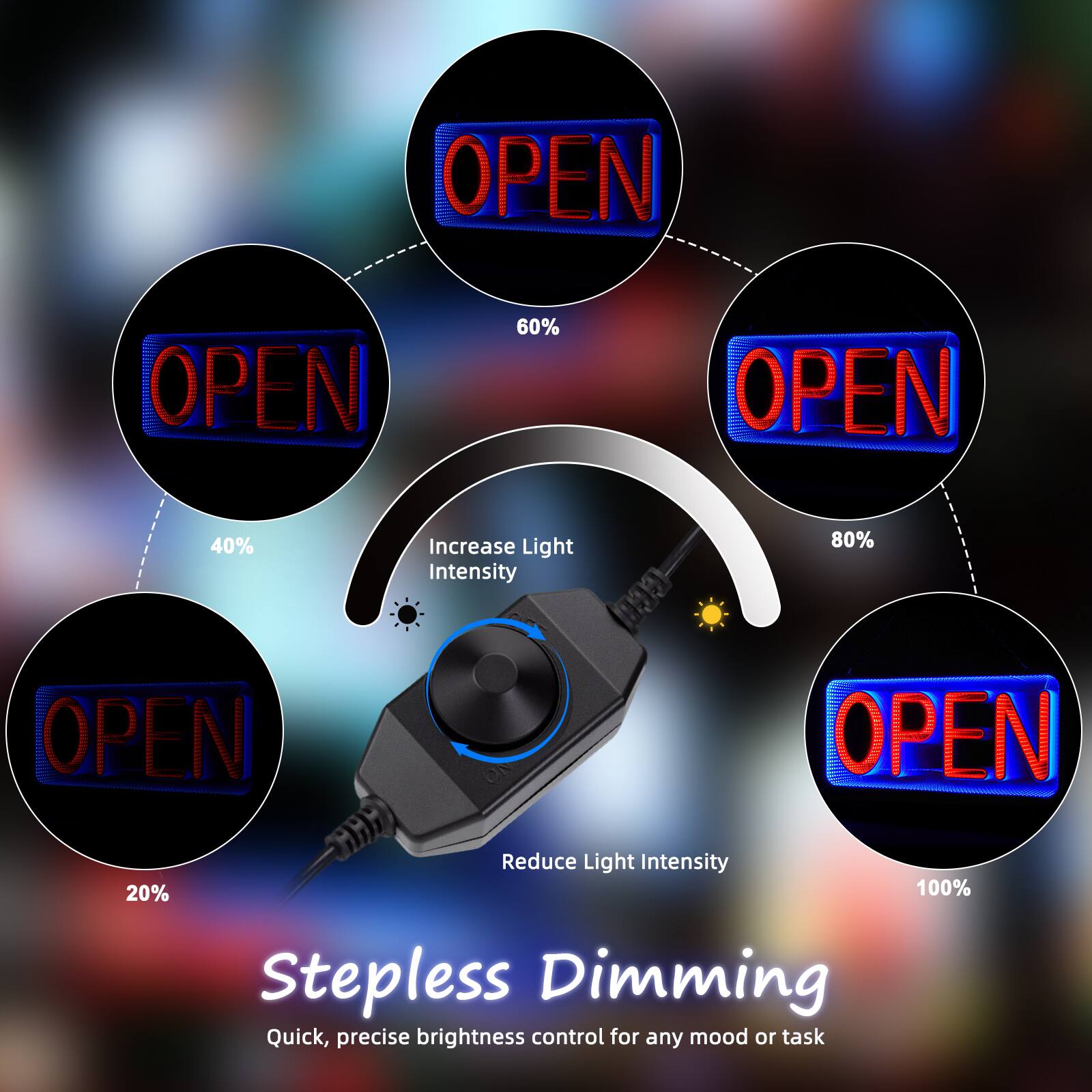 OPEN 60%  
OPEN 40%  
Increase Light Intensity  
OPEN 80%  
OPEN 20%  
Reduce Light Intensity  
OPEN 100%  

Stepless Dimming  
Quick, precise brightness control for any mood or task