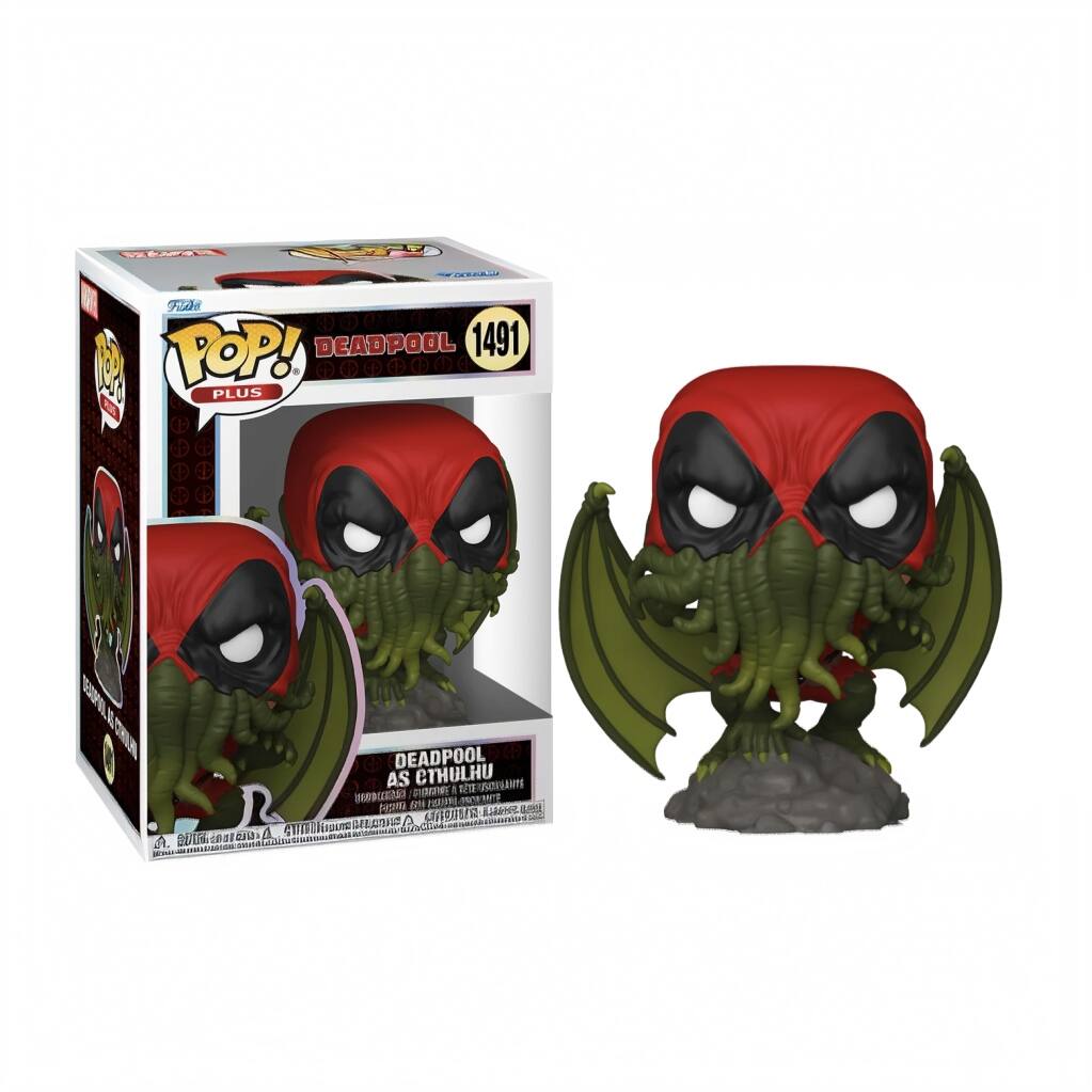 Sure, here is the corrected and grouped text from the image:

---

**Front of the Box:**

- **Top Left Corner:**
  - "Funko"
  - "POP! PLUS"

- **Main Title:**
  - "DEADPOOL 1491"

- **Description:**
  - "DEADPOOL AS CTHULHU"

- **Bottom Left Corner:**
  - "© 2019 MARVEL"

- **Bottom Right Corner:**
  - "© 2019 FUNKO"

---

**Side of the Box:**

- "DEADPOOL AS CTHULHU"

---

**Back of the Box:**

- "DEADPOOL AS CTHULHU"
- "© 2019 MARVEL"
- "© 2019 FUNKO"

---

**Additional Text on the Box:**

- "nothing_to_trci th I IPOGEDAS EUMNE MORSN E ( L CUA LAne nnos - 18 LER di D a : A SUapune S ANAN A. DUEL daaa SNE n INA -"

---

**Note:** The additional text appears to be a mix of characters and does not form coherent words. It might be part of a design or a code.