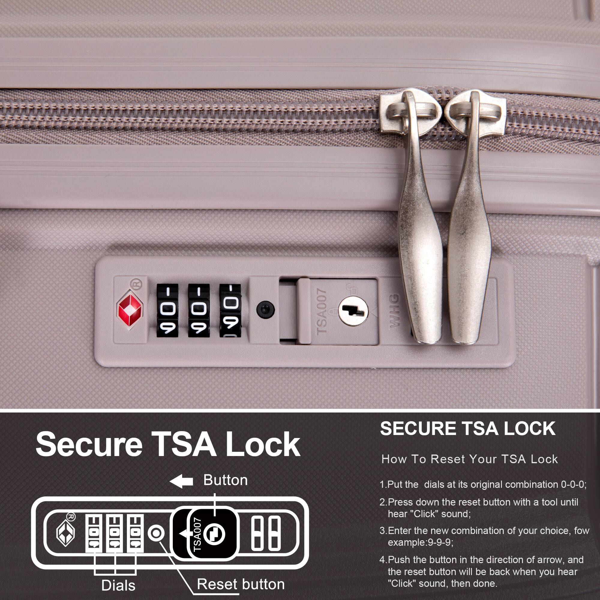 Sure, here is the corrected and grouped text:

---

**Secure TSA Lock**

- Button
- Dials
- Reset button

**SECURE TSA LOCK**

**How To Reset Your TSA Lock**

1. Put the dials at its original combination 0-0-0;
2. Press down the reset button with a tool until you hear "Click" sound;
3. Enter the new combination of your choice, for example: 9-9-9;
4. Push the button in the direction of the arrow, and the reset button will be back when you hear "Click" sound, then done.

---