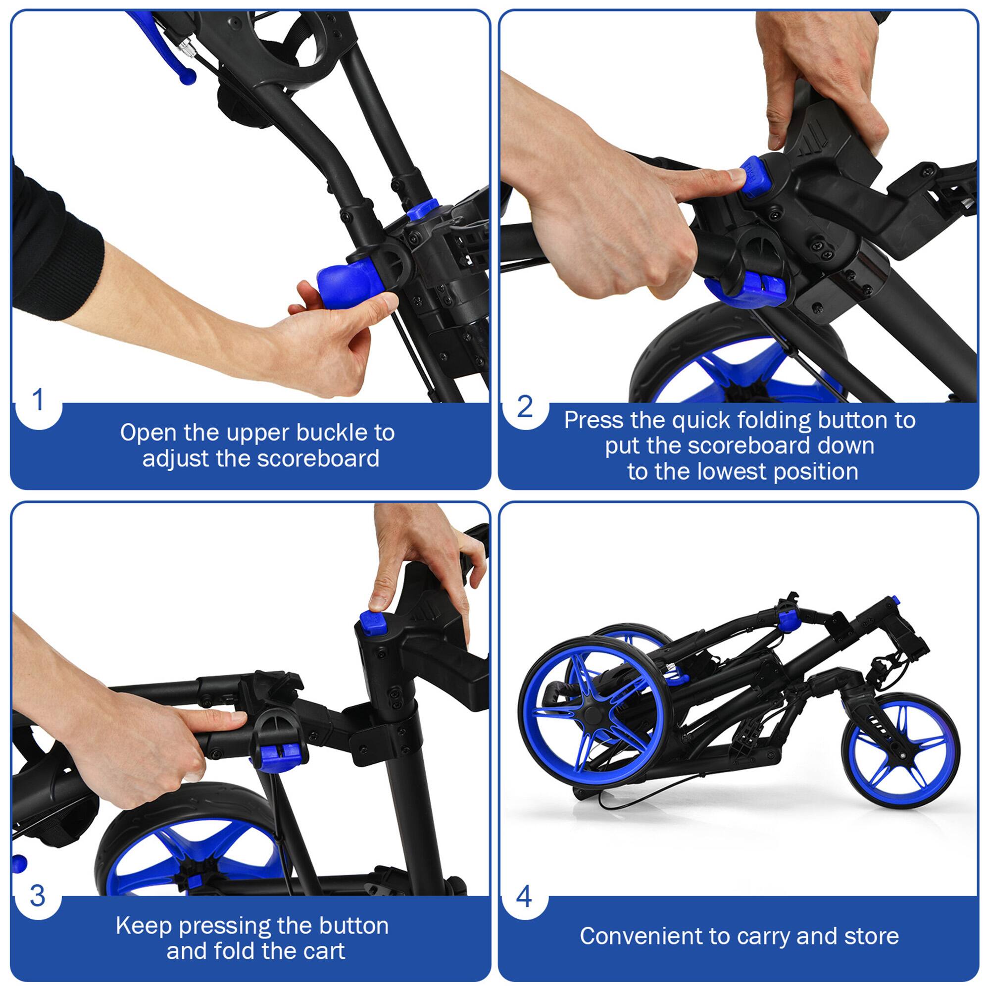 1. Open the upper buckle to adjust the scoreboard.
2. Press the quick folding button to put the scoreboard down to the lowest position.
3. Keep pressing the button and fold the cart.
4. Convenient to carry and store.