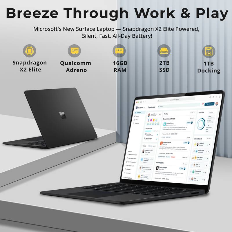 Breeze Through Work & Play  
Microsoft's New Surface Laptop - Snapdragon X2 Elite Powered, Silent, Fast, All-Day Battery!  

Snapdragon Qualcomm X2 Elite  
Adreno  
16GB RAM  
2TB SSD  
1TB Docking  

Marmind  
Coskboard  
Dultured like  
by Recommended de  
Milk DeAR  
Deview  
- EN  
bidn  
19  
Seip  
Hime  
will  
#  
May  
Hhoooolo 0  
MIN  
BW  

Linadedicard  
Today Natural  
Ver  
natural  
DiffeiGer  
bodgends komplement r Total  
Damble Abells  
New Hidden Gens 0 Productiger  
Twinsup  
Did MAY hight  
C WWWW  
Weeks