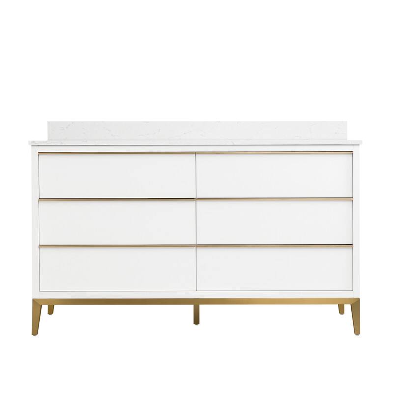 Angle. WELLFOR - 60 in Freestanding Solid Wood Bathroom Vanity with Carrara White Quartz Vanity Top & 6 Soft-Close Drawers and Backsplash - White.