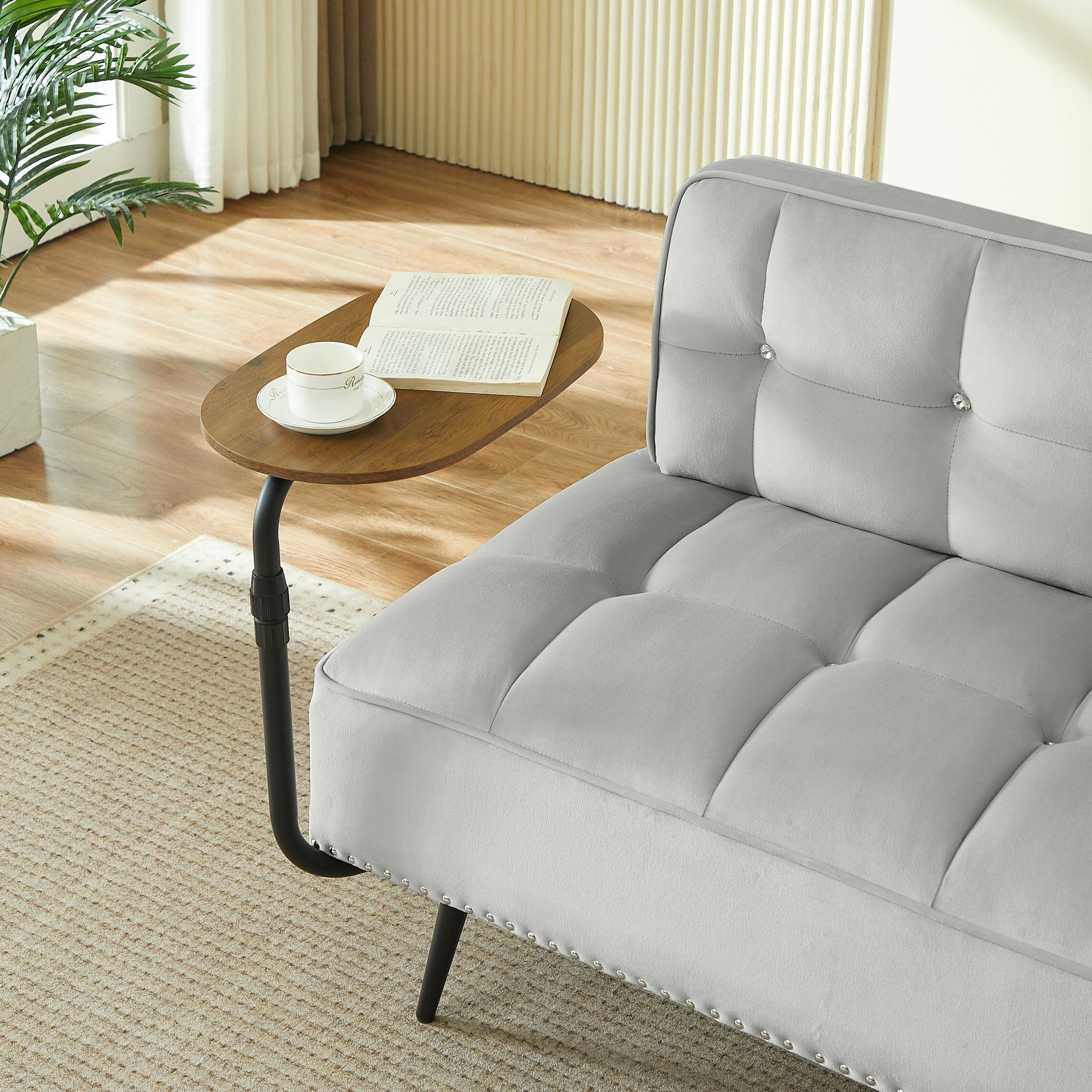 Back. Z-Edge - 54" Comfy Velvet Loveseat Sofa, 2 Seater Deep Seat Couch with Backrest & 360° Rotating Side Table for Living Room Office - Gray.
