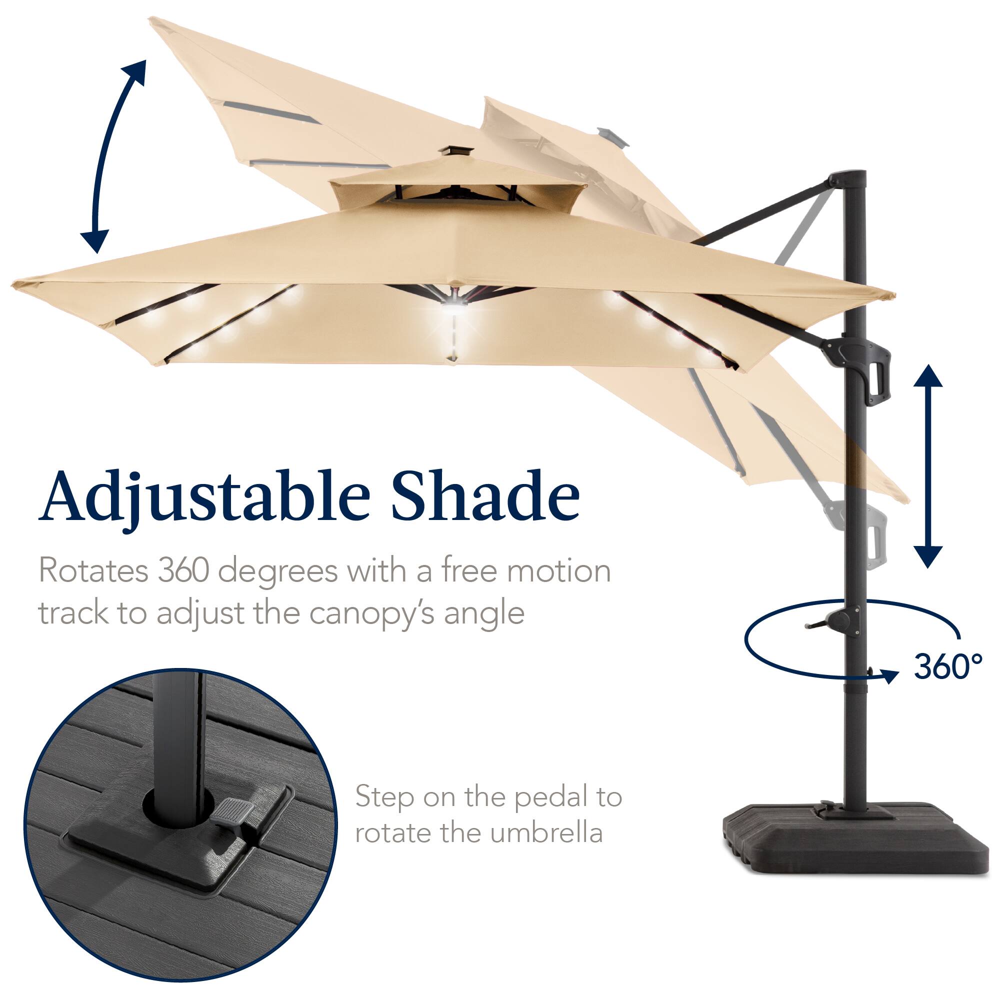 Adjustable Shade  
Rotates 360 degrees with a free motion track to adjust the canopy's angle  
Step on the pedal to rotate the umbrella