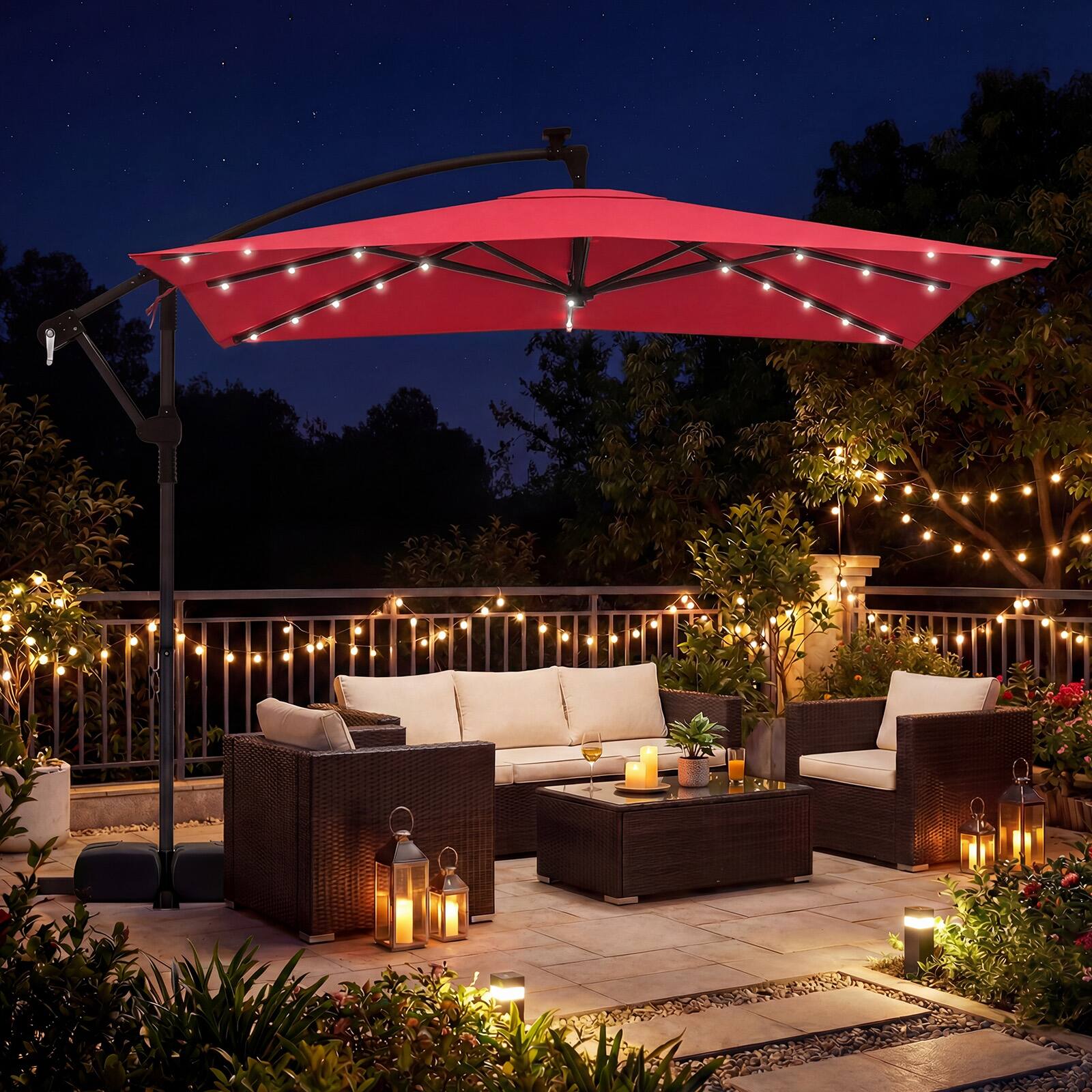 Alt View 3. Costway - Costway 8 x 8 FT Solar LED Offset Cantilever Patio Umbrella with 360° Rotation, Crank - Red.
