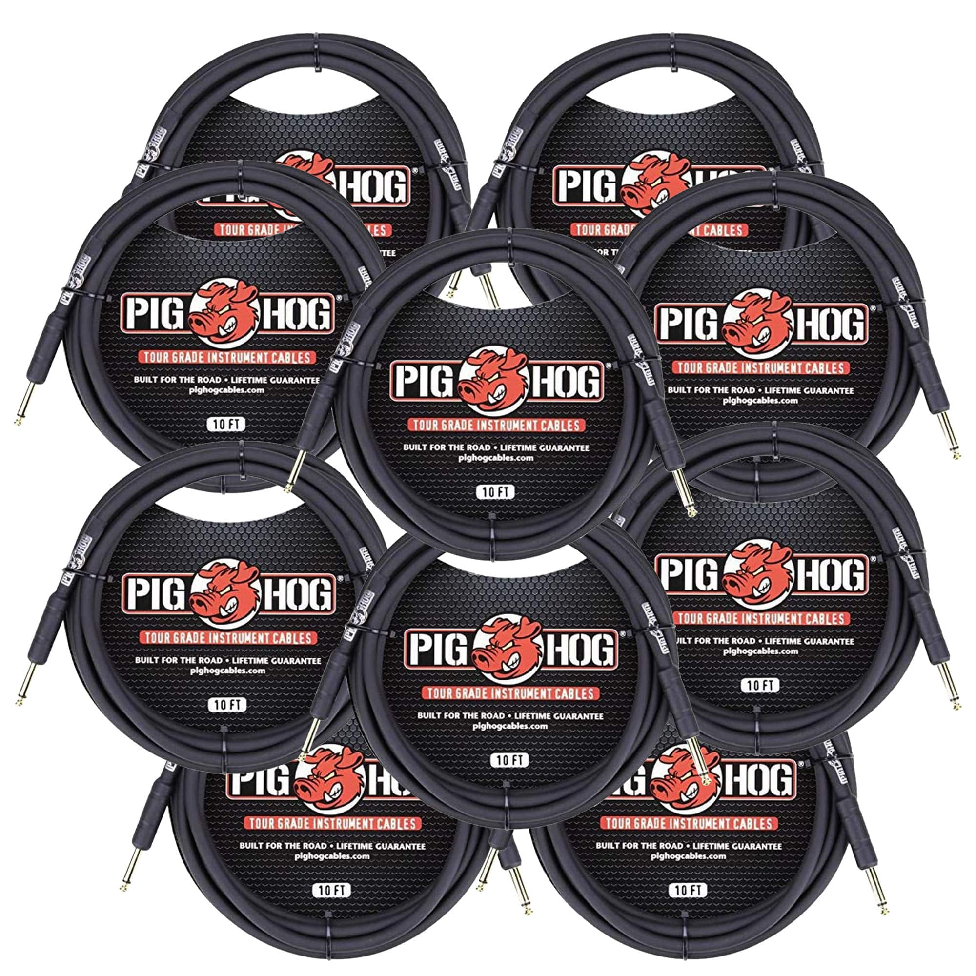 10 Pig Hog Tour Grade 10ft Instrument Cable 1/4" - 1/4" Straight Connectors PH10 - Black