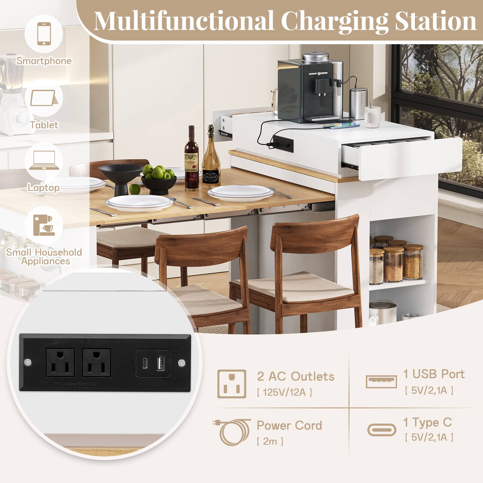 Multifunctional Charging Station Smartphone Tablet Laptop Small Household Appliances Indoor ... 17 Y 2 AC Outlets (125V/12A) 1 USB Port (5V/2.1A) Power Cord (2m) 1 Type C (5V/2.1A)