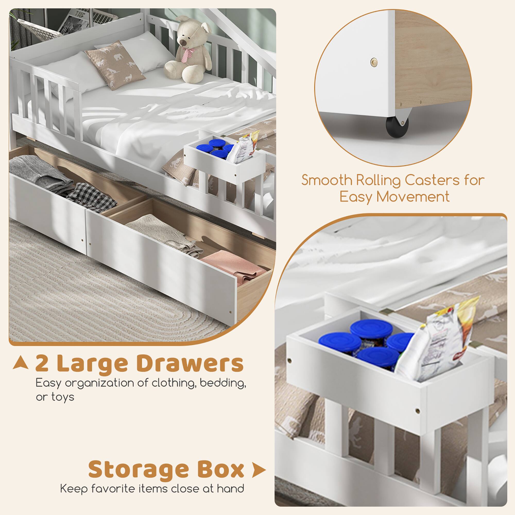 Smooth Rolling Casters for Easy Movement

2 Large Drawers  
Easy organization of clothing, bedding, or toys

Storage Box  
Keep favorite items close at hand