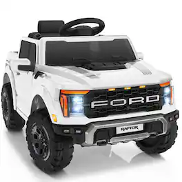 FIRST RIDE ON - 12V Kids Ride on Truck for Toddlers Licensed Ford F-150 Raptor Electric Car with Remote Control and Truck Bed Storage - White
