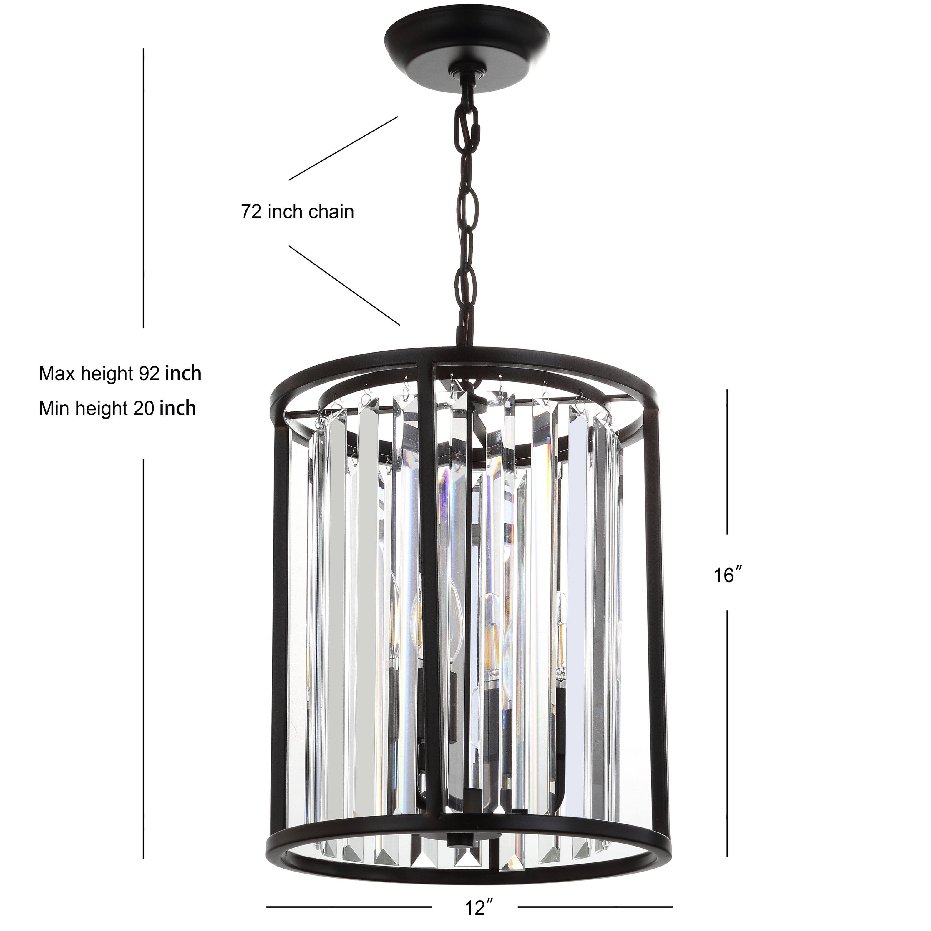 72 inch chain  
Max height 92 inch  
Min height 20 inch  
16"  
12"