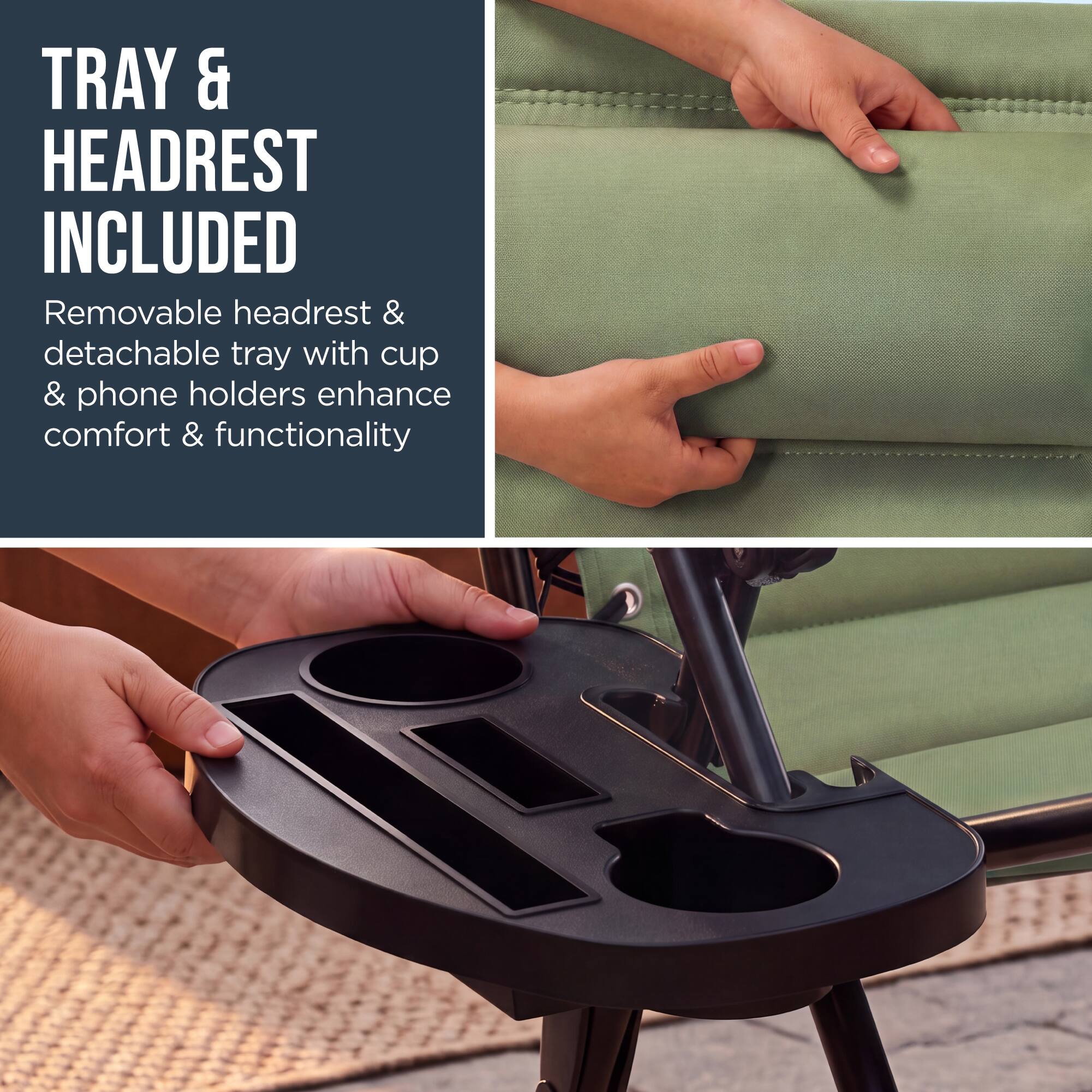 TRAY & HEADREST INCLUDED

Removable headrest & detachable tray with cup & phone holders enhance comfort & functionality