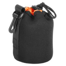 Front. Unique Bargains - Camera Lens Bag, 1pc 3.3"x5.5" Drawstring Pouch with Thick Neoprene for DSLR Lens, Water Coffee Cups - Black Orange.