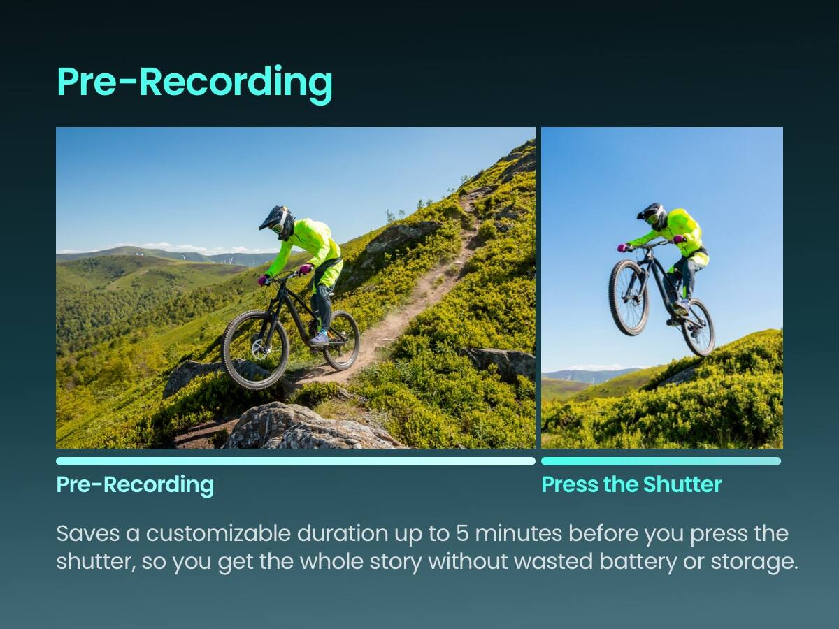 Pre-Recording

Pre-Recording

Press the Shutter

Saves a customizable duration up to 5 minutes before you press the shutter, so you get the whole story without wasted battery or storage.