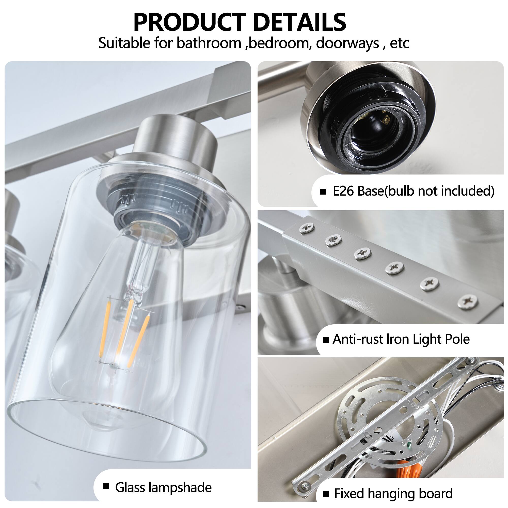 **PRODUCT DETAILS**

- Suitable for bathroom, bedroom, doorways, etc
- E26 Base (bulb not included)
- Glass lampshade
- Anti-rust Iron Light Pole
- Fixed hanging board