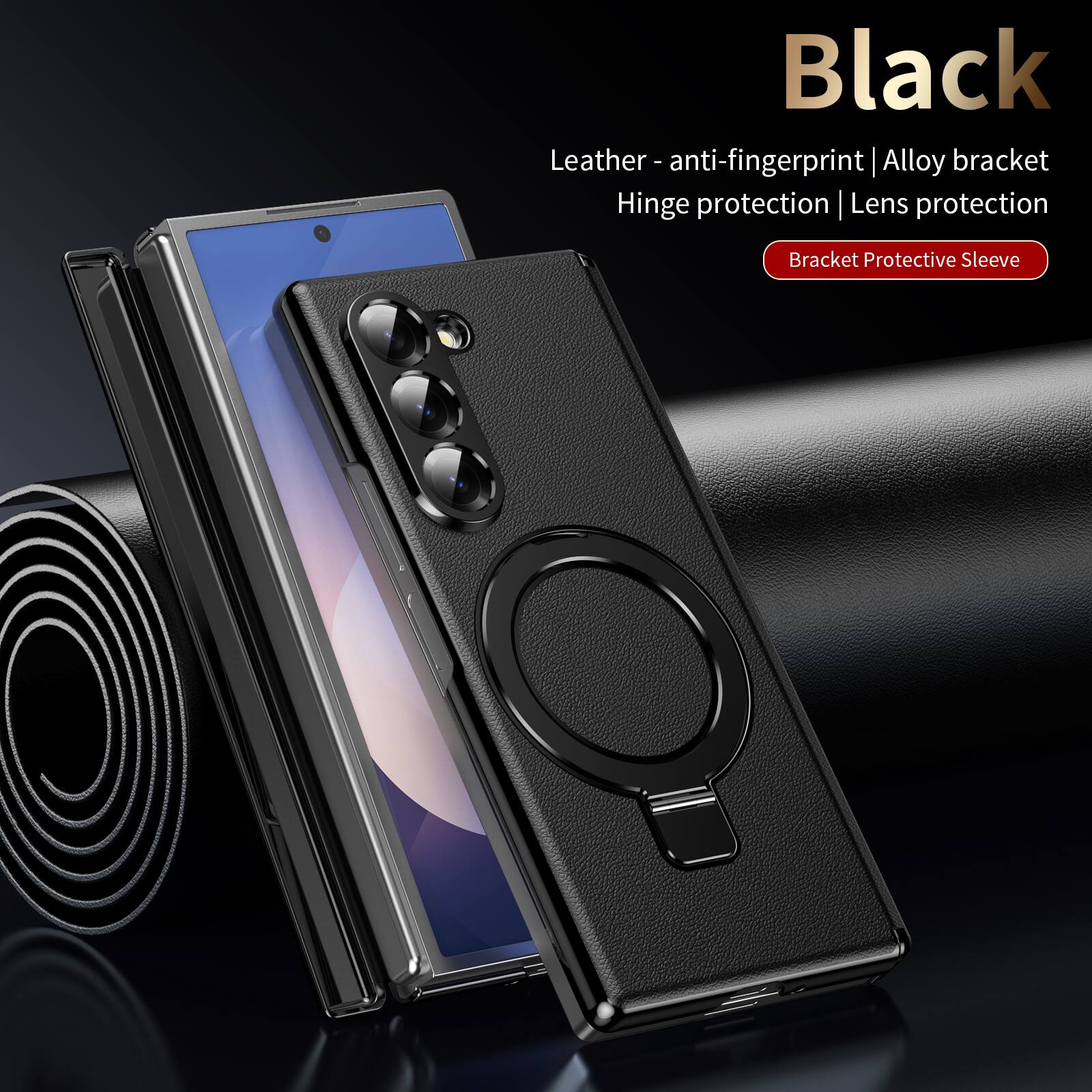 Black Leather - anti-fingerprint | Alloy bracket Hinge protection | Lens protection  
Bracket Protective Sleeve