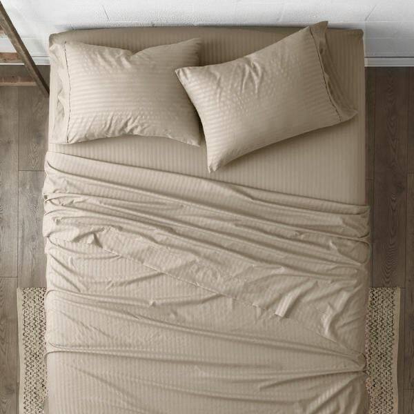 Left. Plazatex - 1800 Series Embossed Striped Wrinkle Resistant Sheet 4pc Set Queen - Mocha - Mocha.