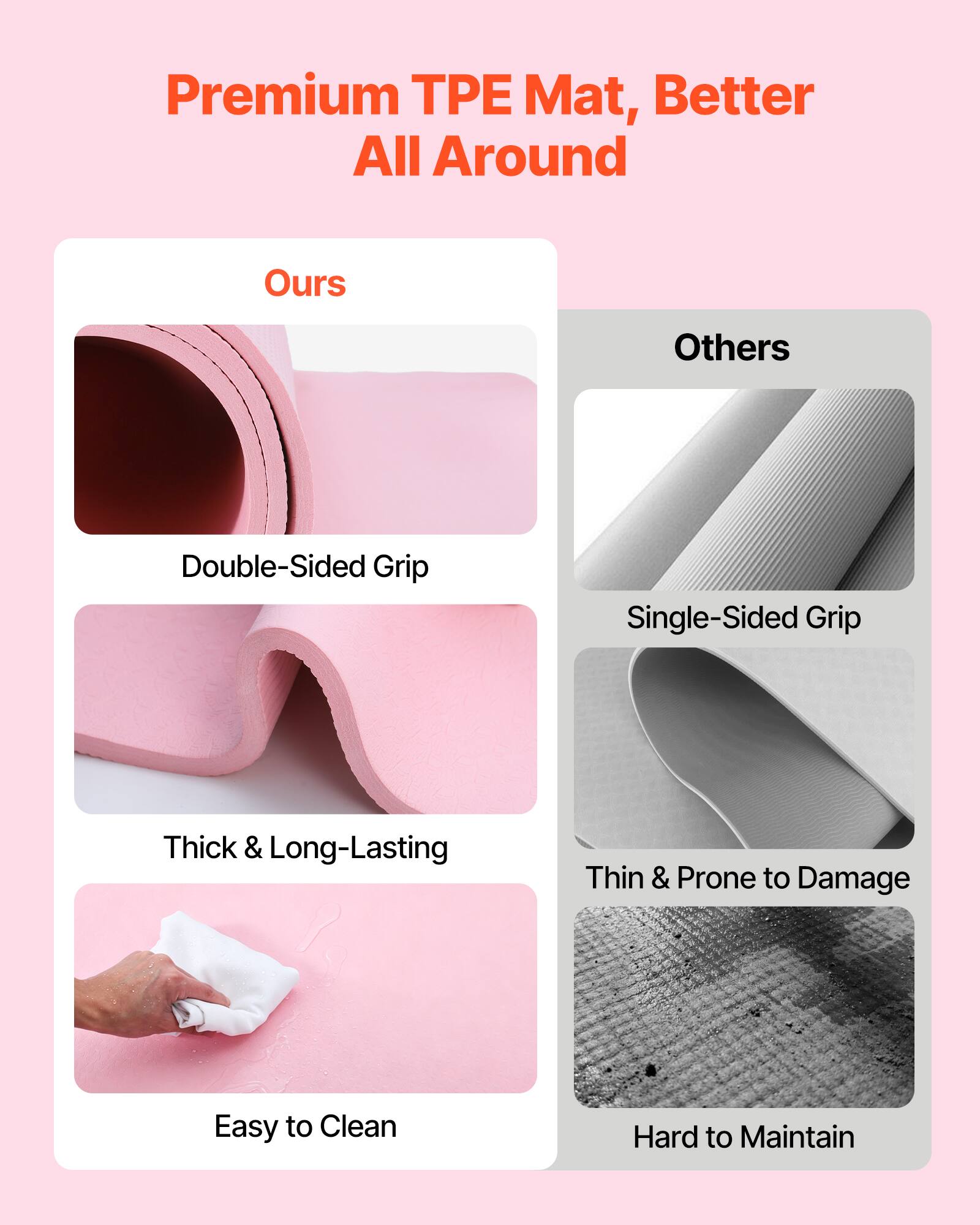 Premium TPE Mat, Better All Around

Ours
- Double-Sided Grip
- Thick & Long-Lasting
- Easy to Clean

Others
- Single-Sided Grip
- Thin & Prone to Damage
- Hard to Maintain
