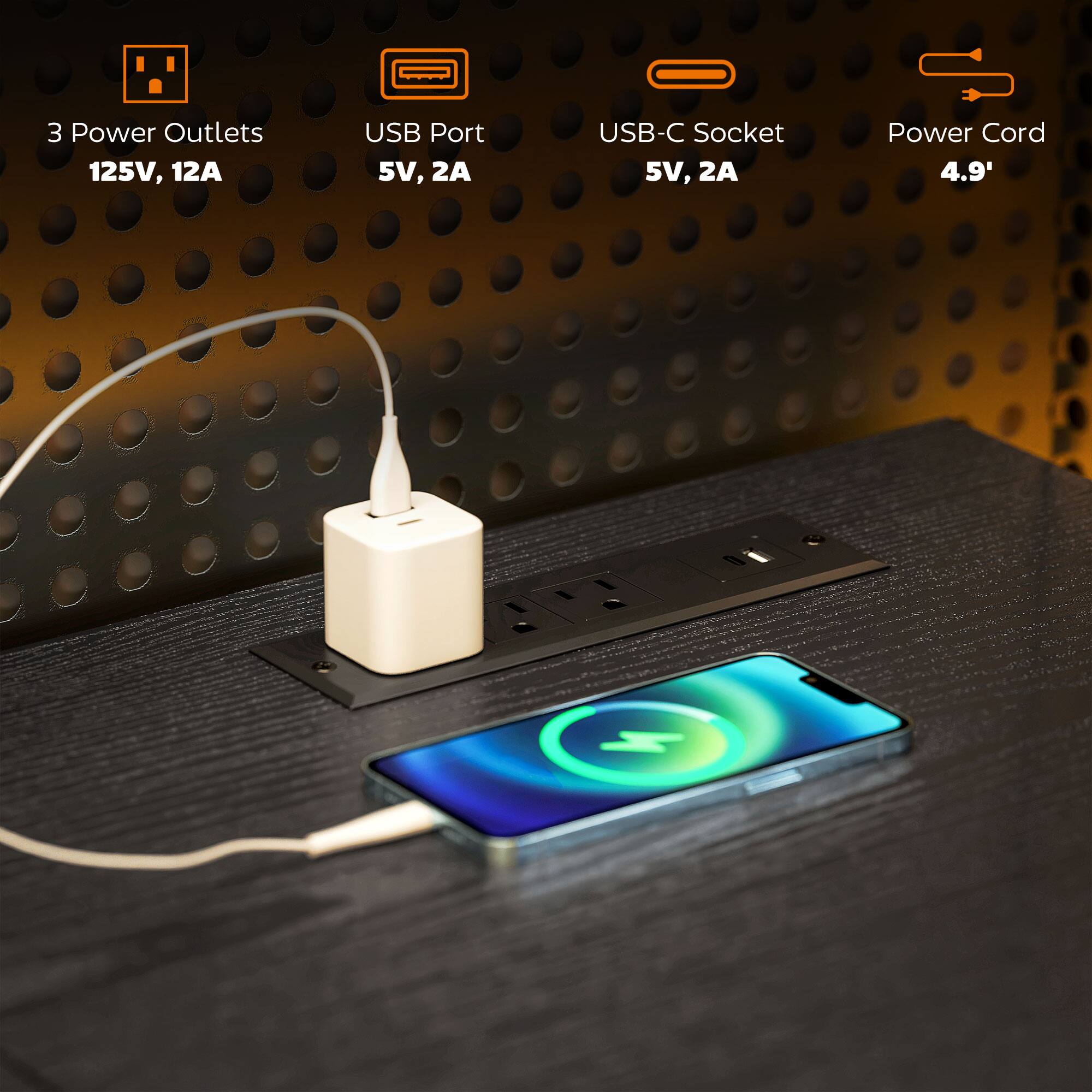 3 Power Outlets 125V, 12A, USB Port 5V, 2A, USB-C Socket 5V, 2A, Power Cord 4.9'