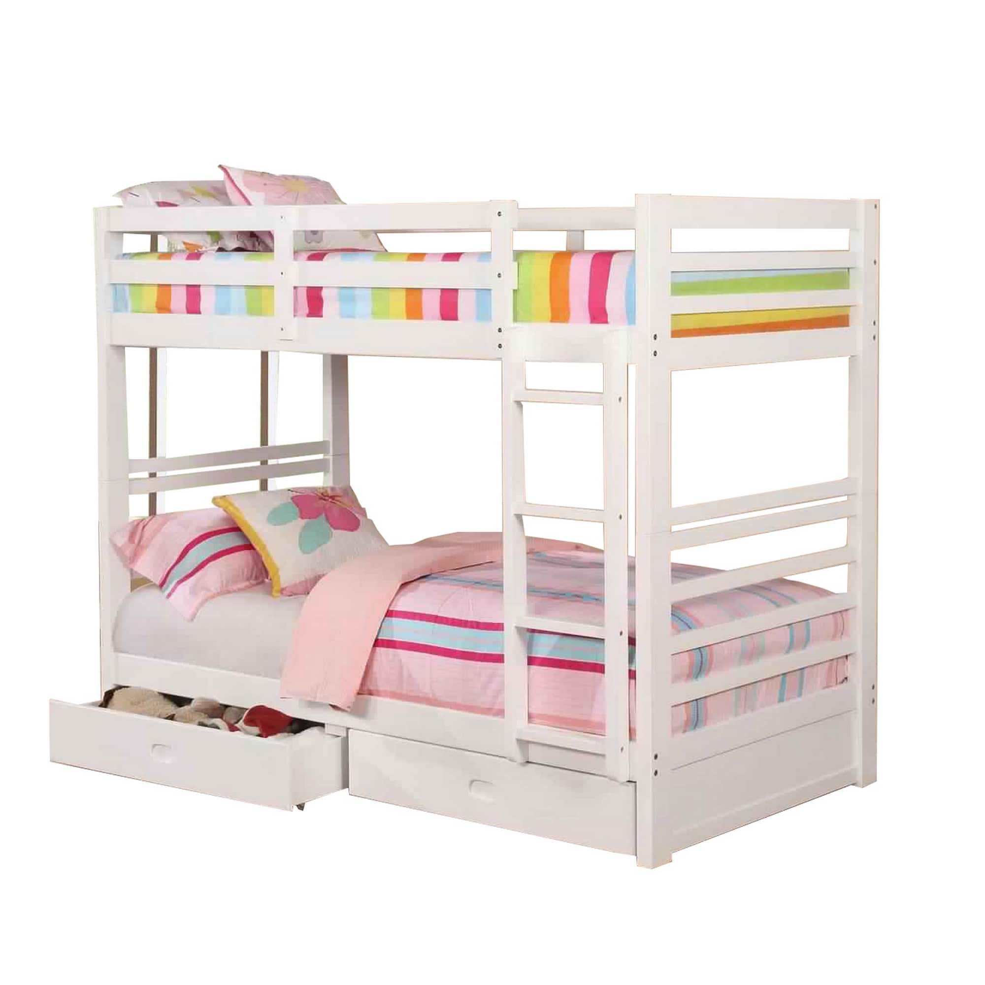 Manhattan Lane - Transitional Twin Over Twin Bed with Attached Ladder and Drawers, White - White