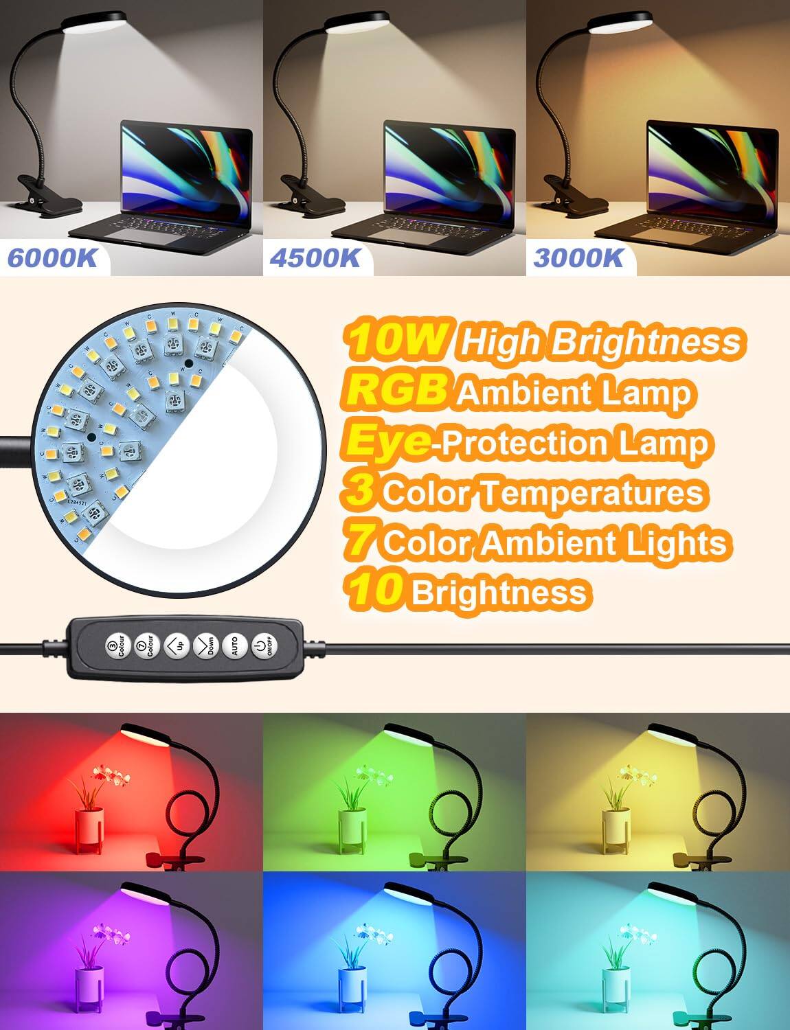 6000K 4500K 3000K

10W High Brightness RGB Ambient Lamp Eye-Protection Lamp 3 Color Temperatures 7 Color Ambient Lights 10 Brightness