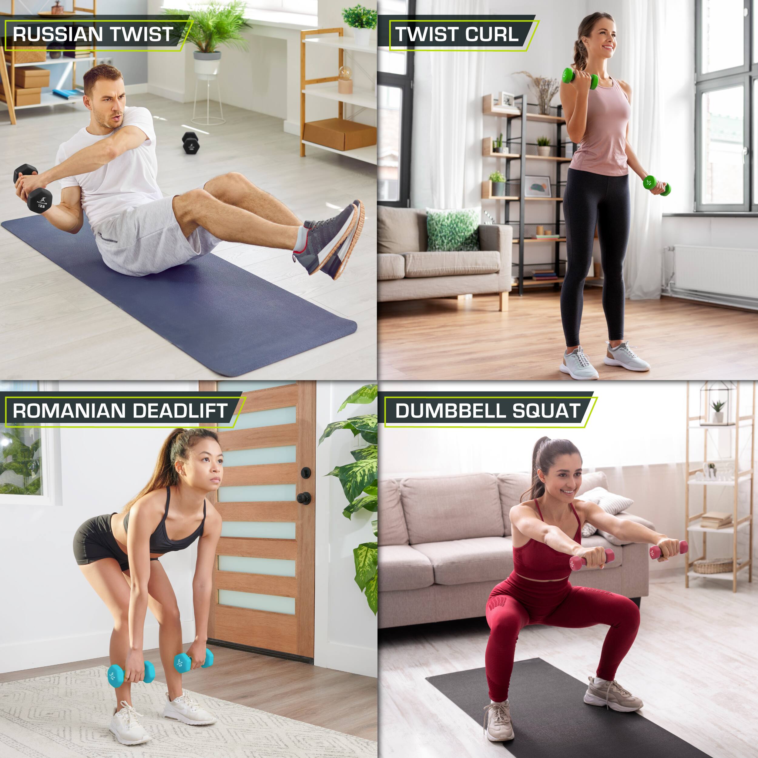 RUSSIAN TWIST, TWIST CURL, ROMANIAN DEADLIFT, DUMBBELL SQUAT