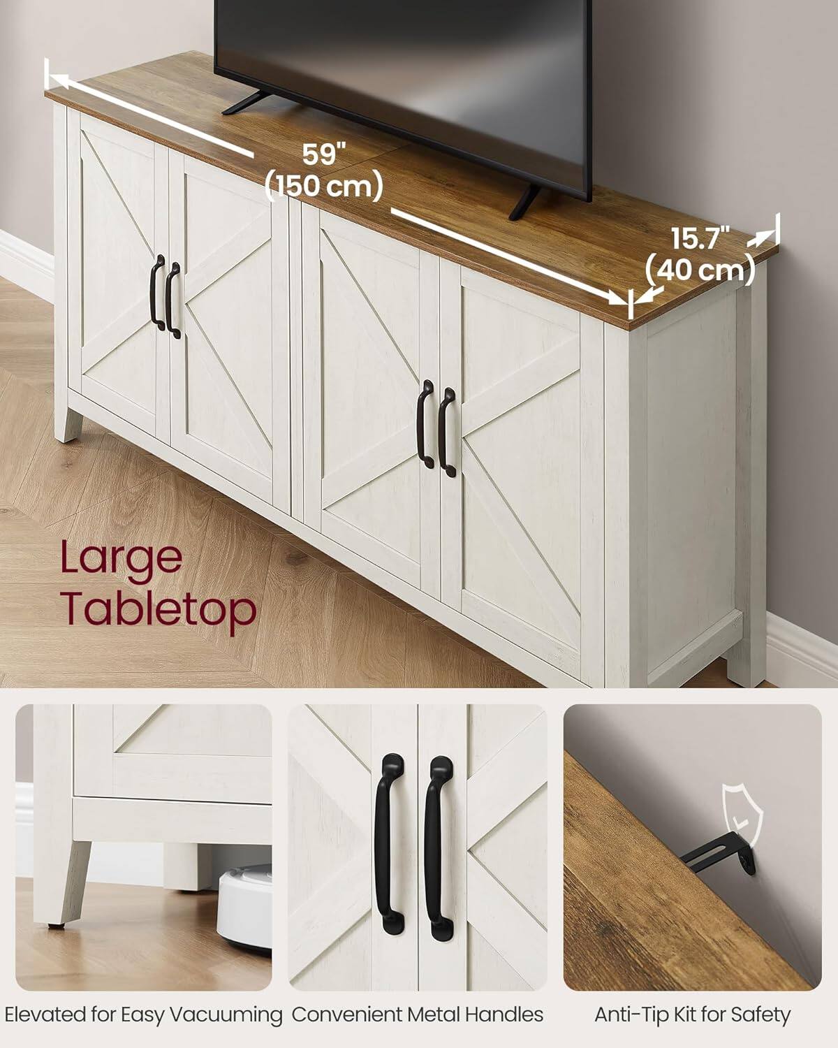 - Large Tabletop
- 59" (150 cm)
- 15.7" (40 cm)
- Elevated for Easy Vacuuming
- Convenient Metal Handles
- Anti-Tip Kit for Safety