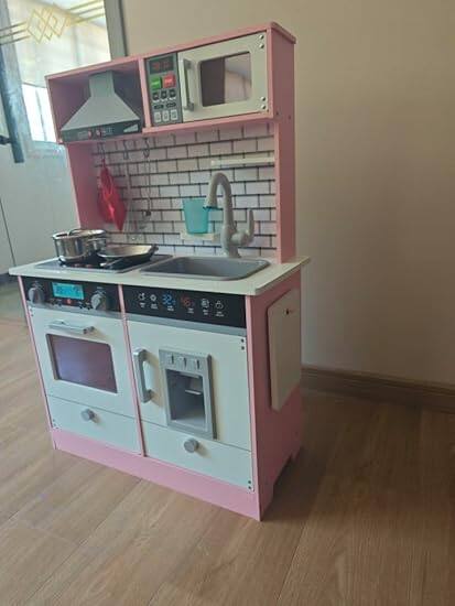 Lil' Jumbl - Small Kids Kitchen Playset, Pretend Kids Wooden Kitchen with Stovetop, Oven & More - Pink