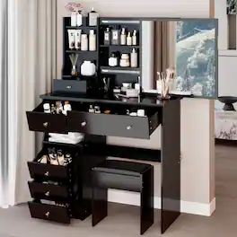 Loheer - 37 inch makeup vanity table, with sliding mirror and cushioned stool - Black
