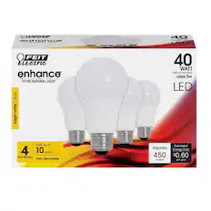 FEIT Electric enhance
VIVID NATURAL LIGHT
40 WATT replacement uses 5w LED
bright white 3000K
4 A19 BULBS
lasts up to 10 years
non-dimmable
Brightness 450 lumens
Estimated Energy Cost $0.60 per year