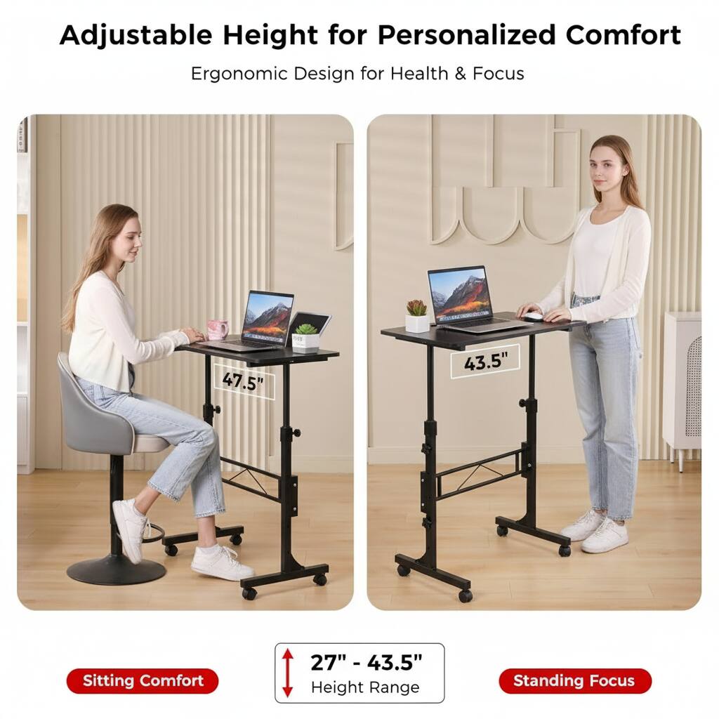 Adjustable Height for Personalized Comfort  
Ergonomic Design for Health & Focus  

47.5"  
43.5"  

Sitting Comfort  
27" - 43.5"  
Height Range  

Standing Focus