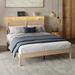 Furnulem - Queen Bed Frame With Natural Rattan Headboard Platform Bed Frame With LED Lights And Storage - Gold