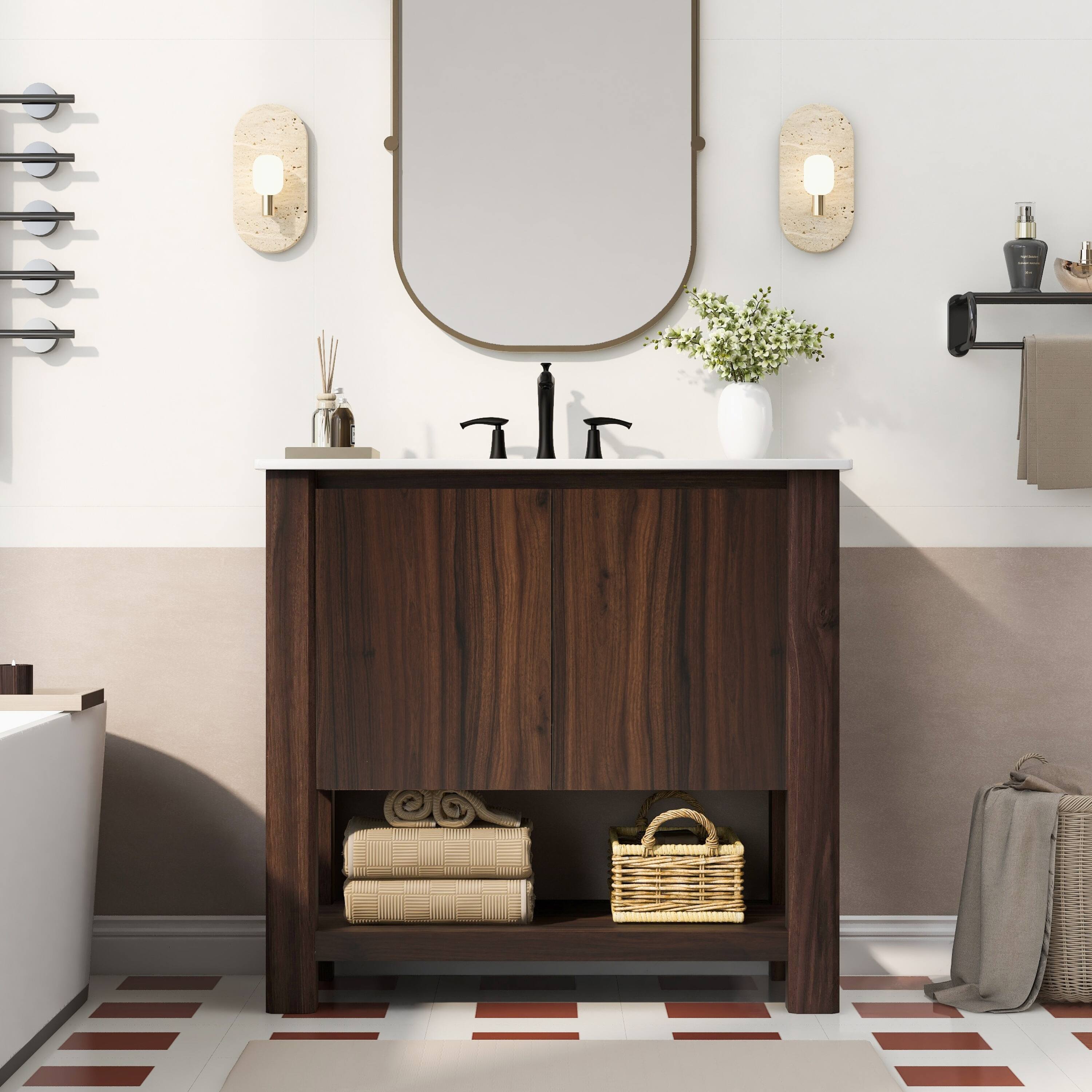 Alt View 5. Loheer - Modern 2.96 ft Bathroom Vanity with Ceramic Sink and Open Shelf - Antique brown.